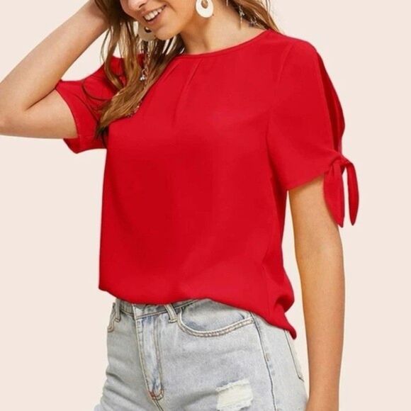 SHEIN Red Knot Cuff Split Sleeve Solid Top Size Medium - Picture 1 of 6